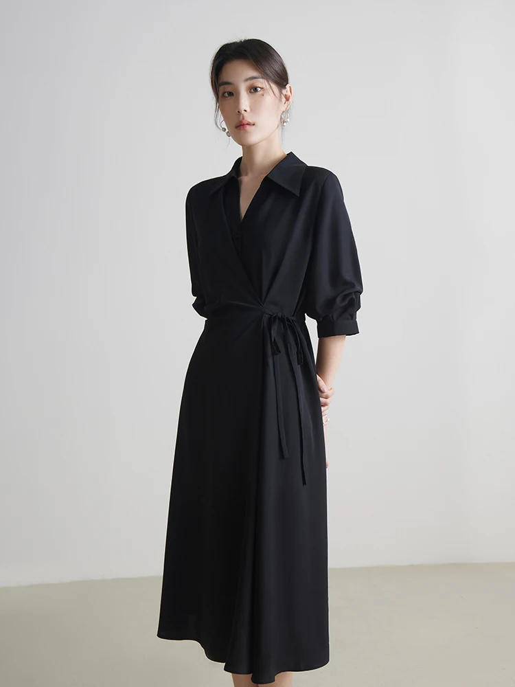 DUSHU 【2 Colors】Women Wrap Design Turn-down Collar Temperament Drape Dress Summer Half Sleeve Black Long A-LINE Dress 24DS82102