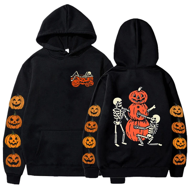 

Pumpkin Skeleton Drinking Women Hoodies Casual Pullovers Hoody Funny Skull Halloween Party Designer Graphic Men's Sweatshirts