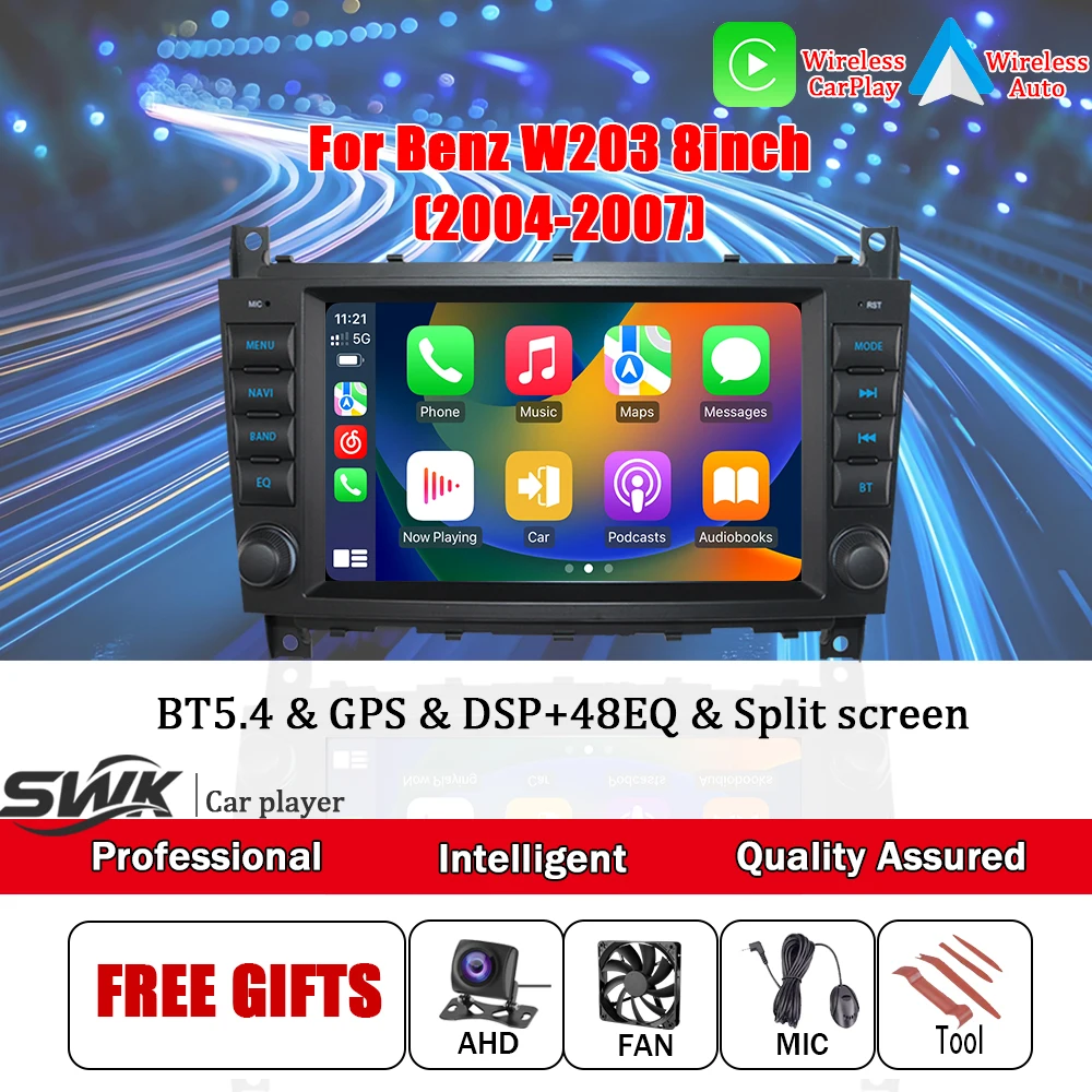 

Мультимедийный проигрыватель для Mercedes-Benz W203 2004-2007, Android 15, 8-дюймовый сенсорный экран, умное автомобильное радио, беспроводной CarPlay/Auto, GPS-навигация, Wi-Fi, 4G