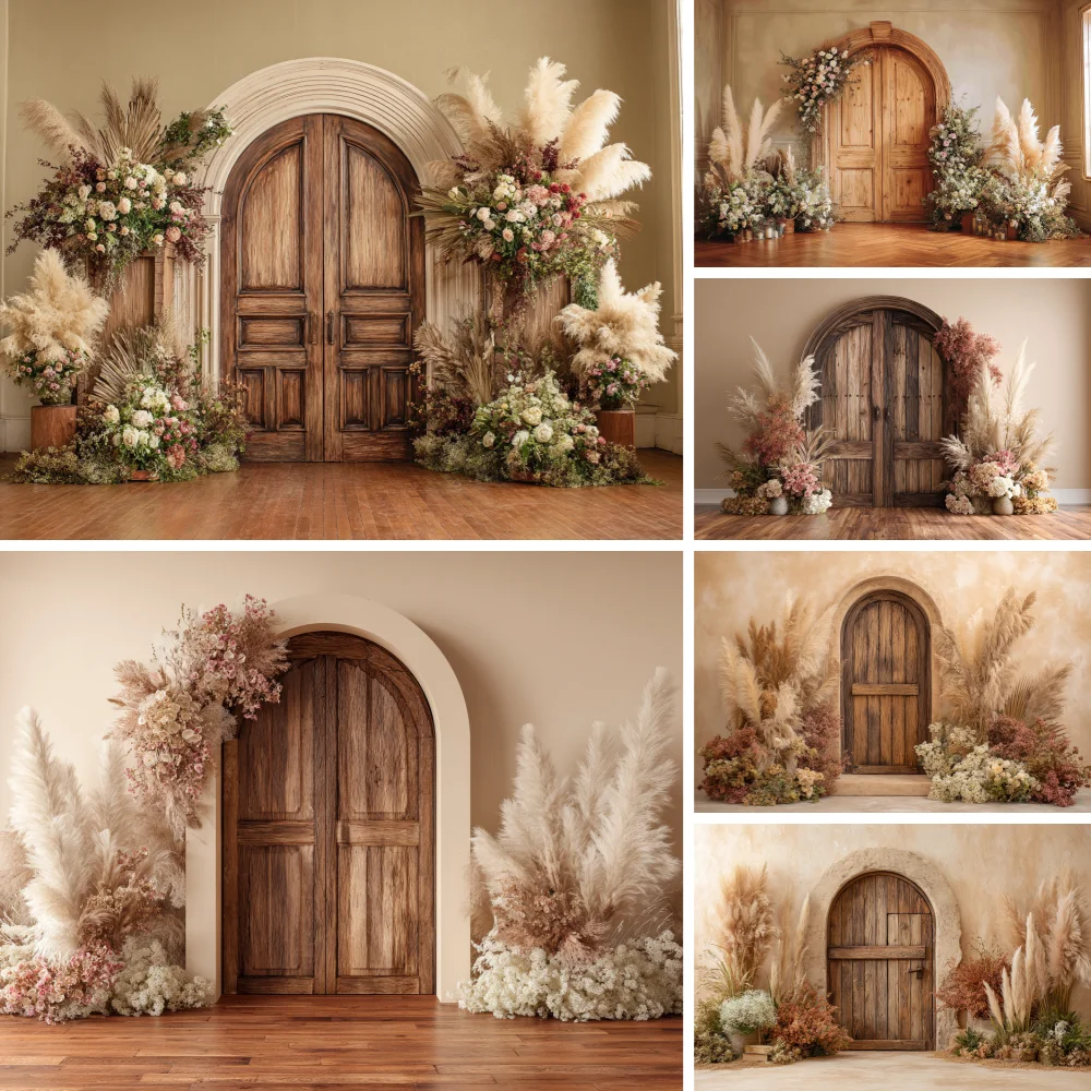 

Boho Style Wooden Door Wedding Photography Backdrop White Wall Flower Pampas Grass Baby Birthday Adult Portrait Photo Background
