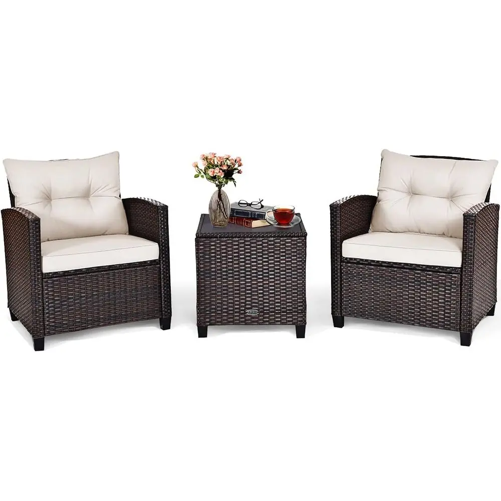 

3-Piece Outdoor Patio Furniture Set with PE Rattan Wicker, Washable Cushions, and Tempered Glass Top for Garden, Poolside, or Ba