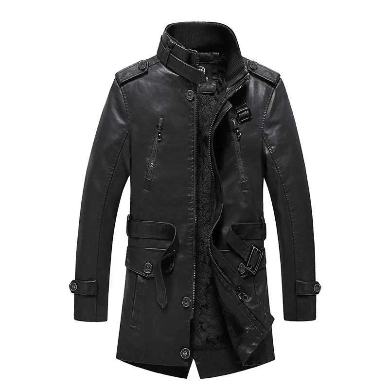 Winter Men's Thick Fleece Leather Motorcycle Jacket Coat Long Outwear Fashion Warm Casual Vintage Clothing for Men Biker Jaqueta