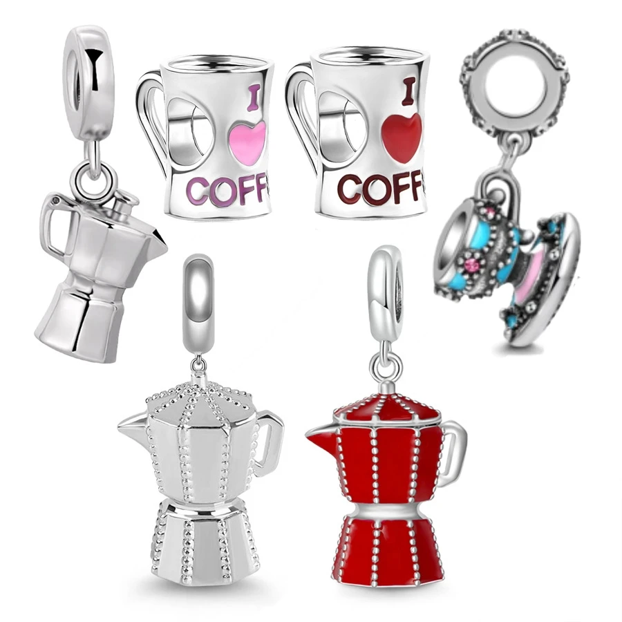 Hot Sale Red Coffee Pot Pendant Dangle Charm Bead Fit Original 925 Sterling Silver Pan Bracelet Bangle DIY Fine Jewelry Gift