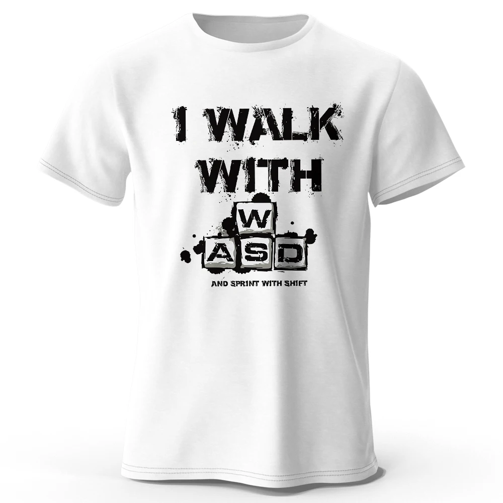 Men's I Walk with WASD Printed T-Shirt 100% Cotton Oversized Gamer Graphic Tees for Women Summer Tops Keyboard Streetwear