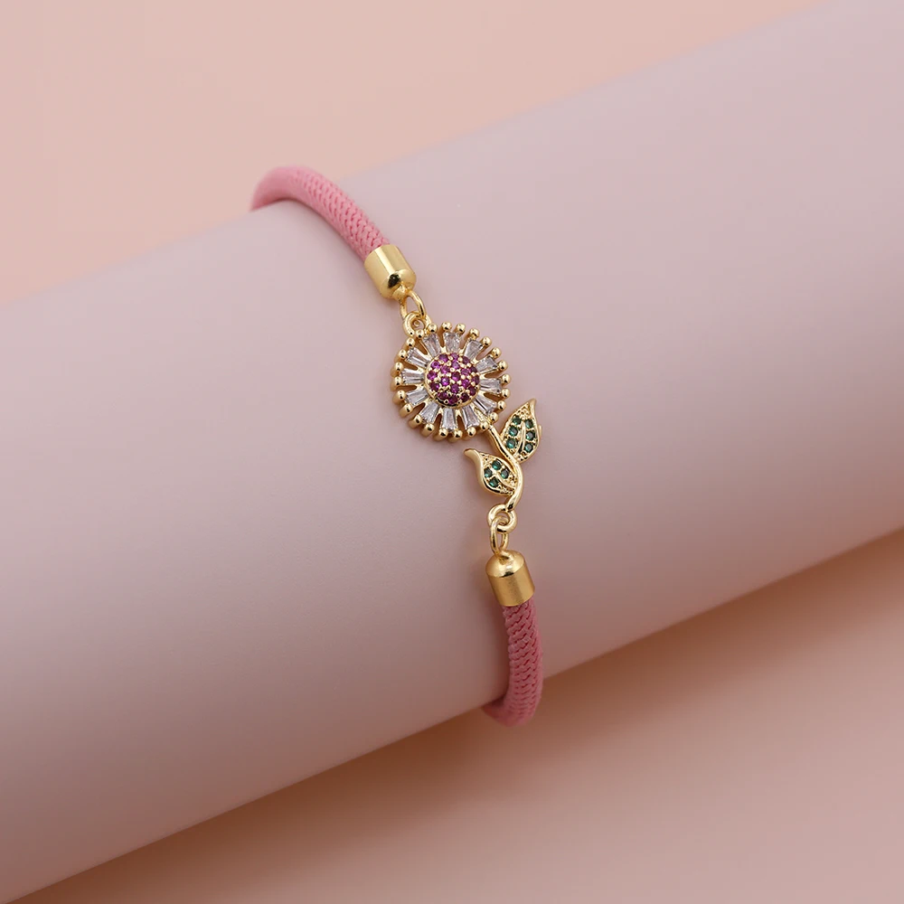 2026 Fashionable Cute Rainbow Zircon Daisy Sunflower Floral Adjustable Pull Push Red Black Pink Bracelet Women Jewelry