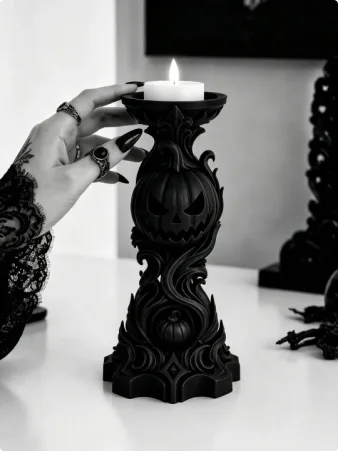 Plastic Halloween Pumpkin Candle Holder, Black Gothic Tealight Candlestick for Tabletop Home Party Decoration