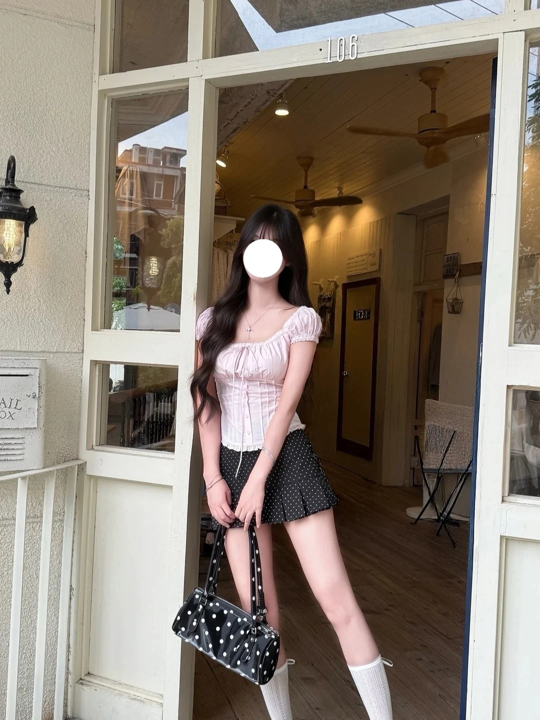 Sweet Japanese Style Bubble Sleeve One Shoulder Short Sleeve Slim Fit Shirt Summer Polka Dot Pleated  Skirt Two Piece Set...