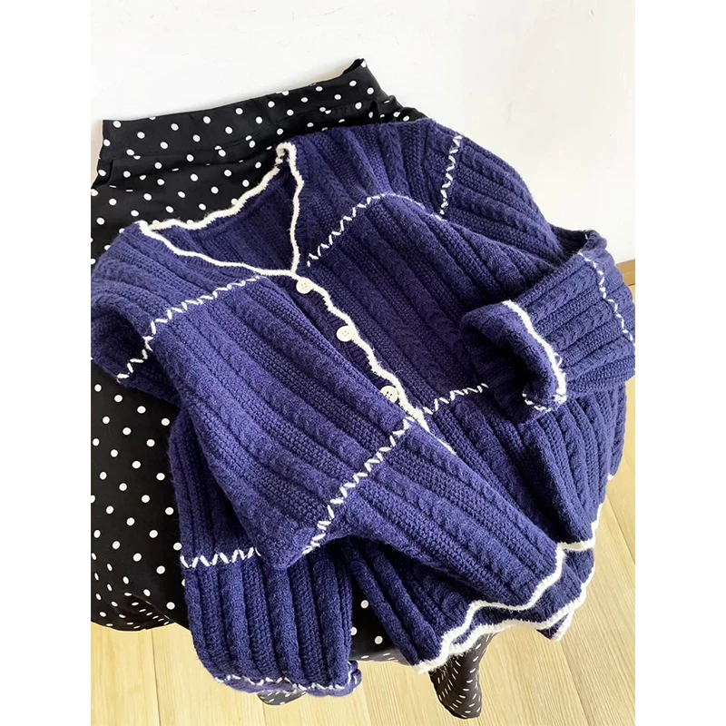 الرجعية k الأزرق V-Ne محبوك سترة مفتوحة المرأة الخريف الشتاء جديد Sle الكورية Sle Ele معطف سترة ناعمة #1