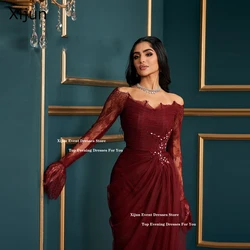 Xijun Burgundy Lace Mermaid Evening Dresses Off The Shoulder Pleats Appliques Prom Dresses Dubai Formal Prom Gowns Customized