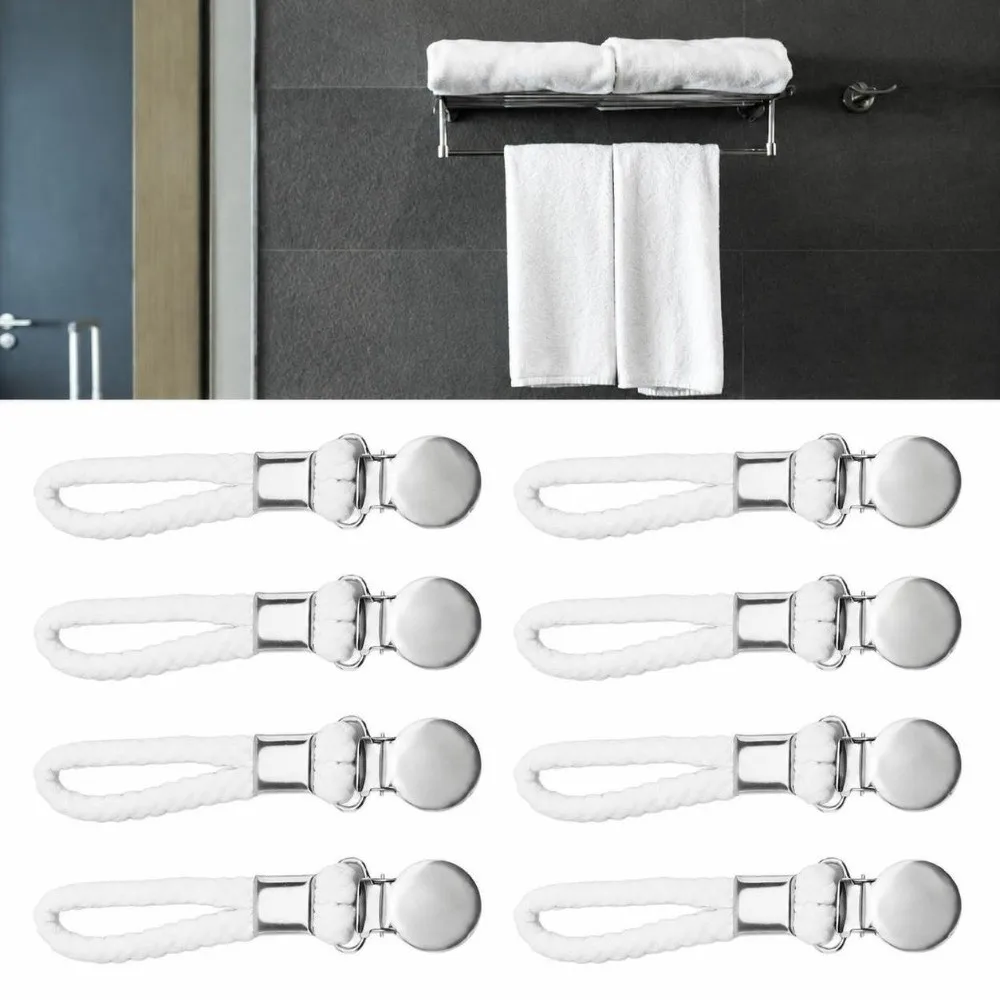 8 PCS Stainless Steel Cotton Rope Hanging Towel Clip Silver White Hanging Design Tea Towel Clip Braided Design Cotton Loop