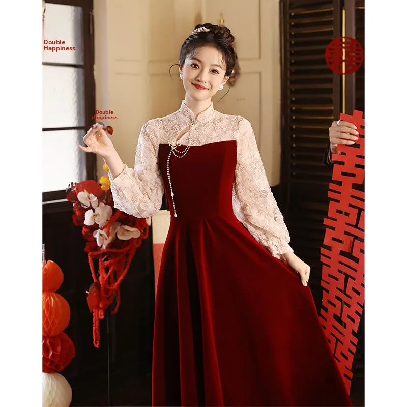 

Красное бархатное вечернее платье с длинными рукавами, новинка 2024 года, весеннее, для помолвки, вечернее, в пол, модное свадебное платье