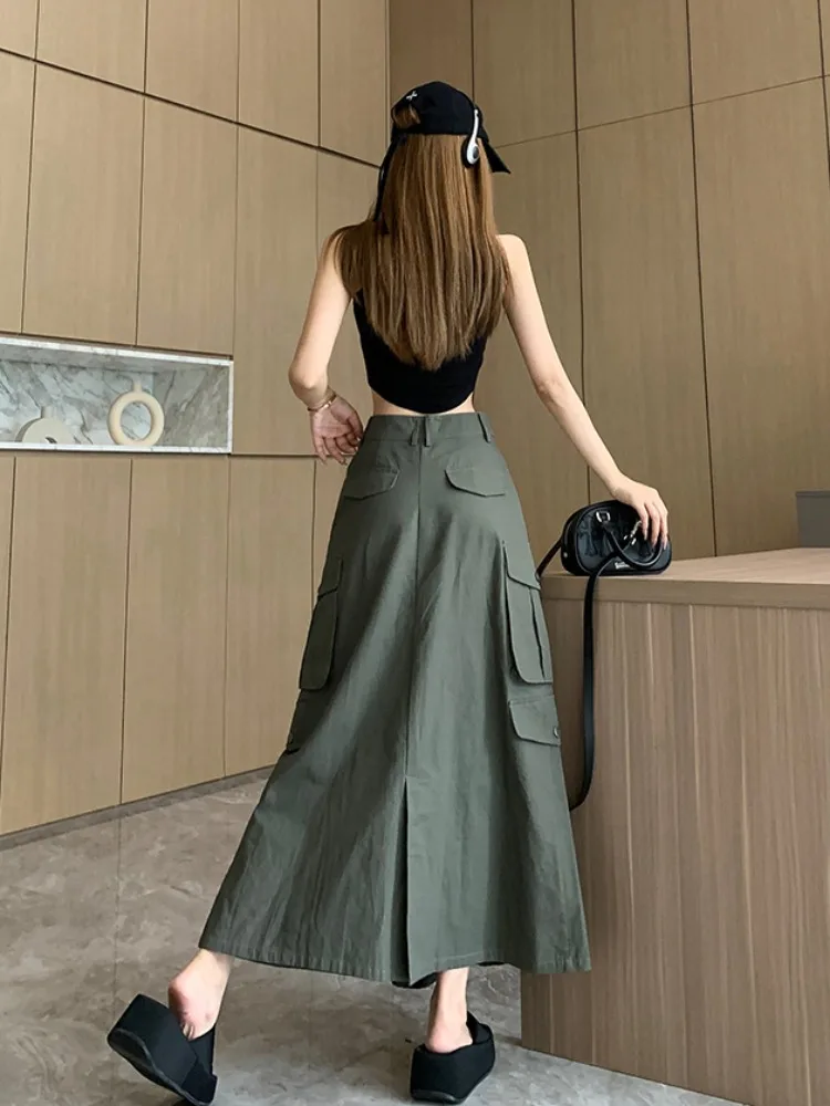 Women\'s Green Denim Cargo Skirt Y2k Elegant Streetwear A-Line Long Skirt Harajuku Korean Vintage 90s High Waist Skirts Clothes