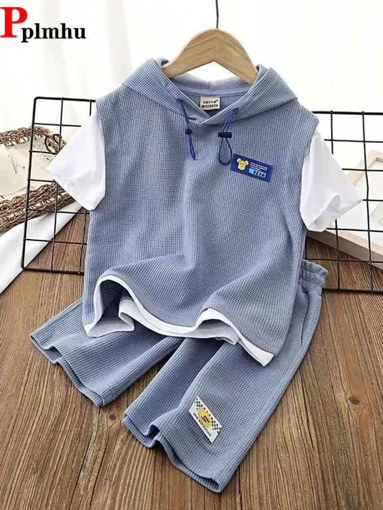 Casual Children's Summer Outfit Hooded Fake Two Pieces Tops And Baggy Kids Pants Ensembles Loose Fashion Short Boys Conjuntos