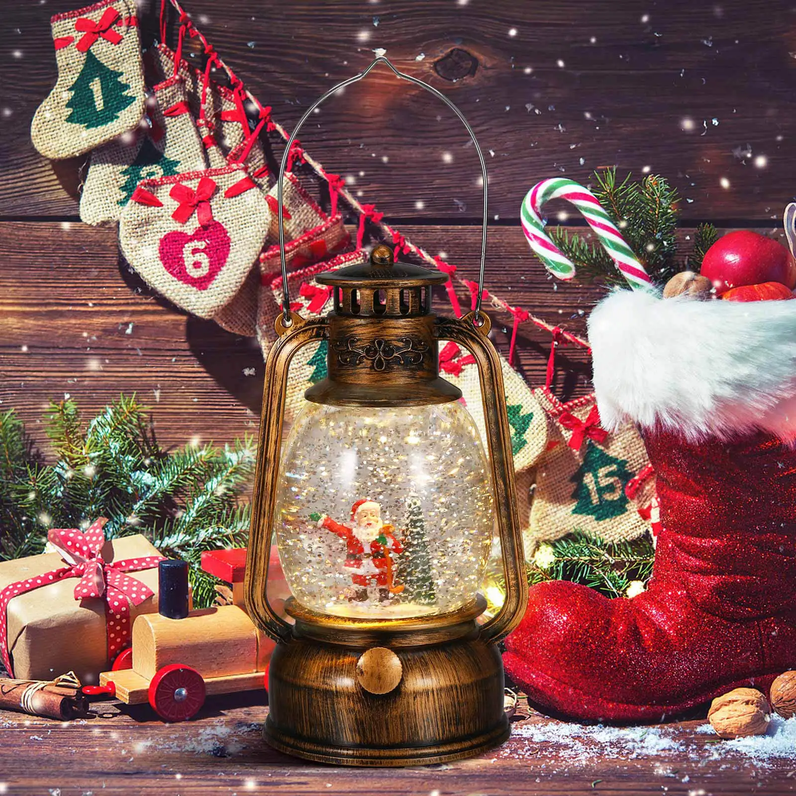 

Rotating Christmas Snow Globe Lantern Glitter Lighted Santa Snow Globe USB Operated Musical Xmas Decoration Table
