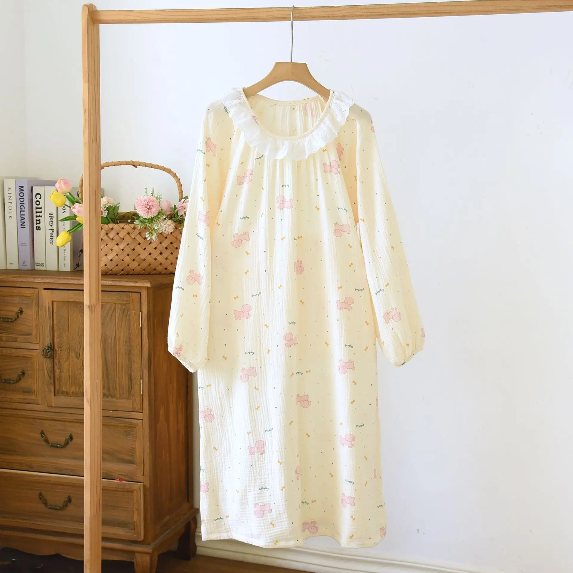 Long Length Cotton Long Sleeved Round Neck Lace Sweet Home Princess Style Women's Pajamas