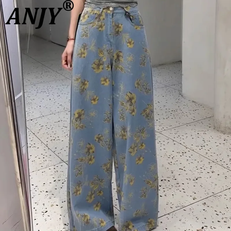 

ANJY Autumn New Women Korean Vintage Sweet Printed Wide Leg Jeans Casual High Street Pocket Slimming Straight Draped Pants A8415