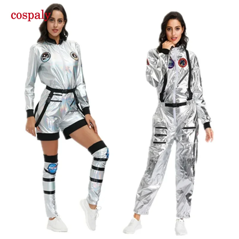 A Women Astronaut Jumpsuit Costume Adult Silver Alien Spaceman Pilots Outfits