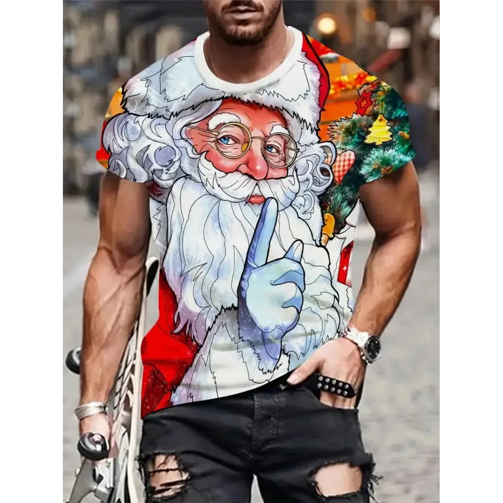 سانتا كلوز ثلاثية الأبعاد مطبوعة تي شيرت رجالي عصري عيد الميلاد عطلة هدية الرجال جولة الرقبة قصيرة الأكمام المتضخم الهيب هوب الملابس