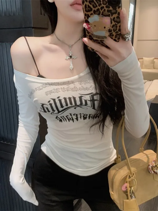 

American Style Long Sleeve Letter Print Slim Fit Thin Base Shirt Fashionable T-Shirt for Autumn New Arrival Pure Desire Thin