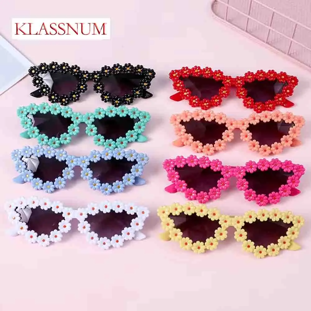 KLASSNUM Kids Flower Cat Eye Frame Sunglasses Girls Boys Glasses Children Cute Daisy Shades Outdoor UV Protection Party Eyewear