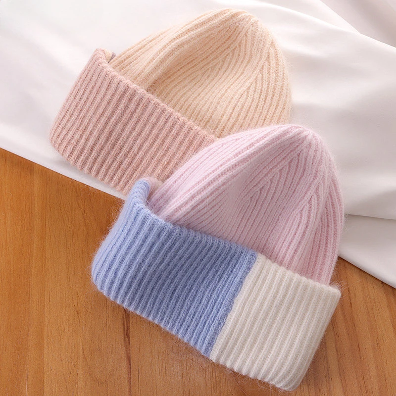 

Rabbit Fur Winter Hat for Women Soft Warm Double Color Beanies Ski Knit Hats Outdoor Skullies Cute Color Blocking Knitting Caps