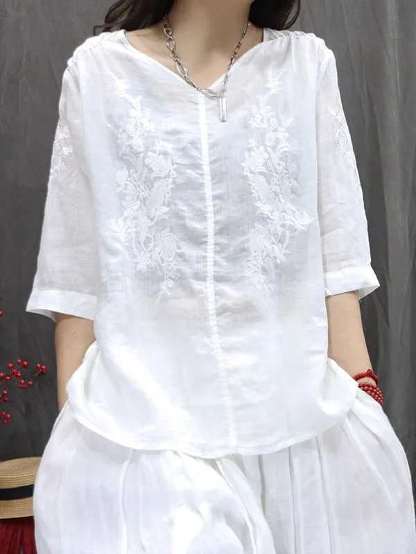 

Retro Embroidered Slim Fit Casual Loose Svel irt Spring Summer V Ne mid Length Thinming Top Women's Faion