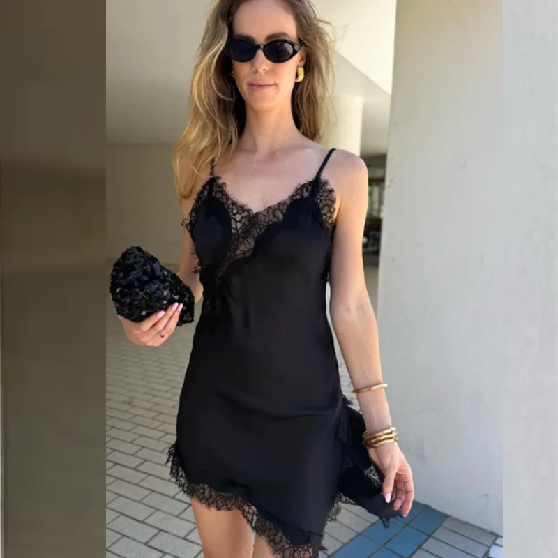 Sukienka koronkowa damska HXAO, satynowa sukienka na imprezę, sukienki damskie bez rękawów, żółta sukienka na Nowy Rok, asymetryczna sukienka bez pleców, seksowne sukienki.