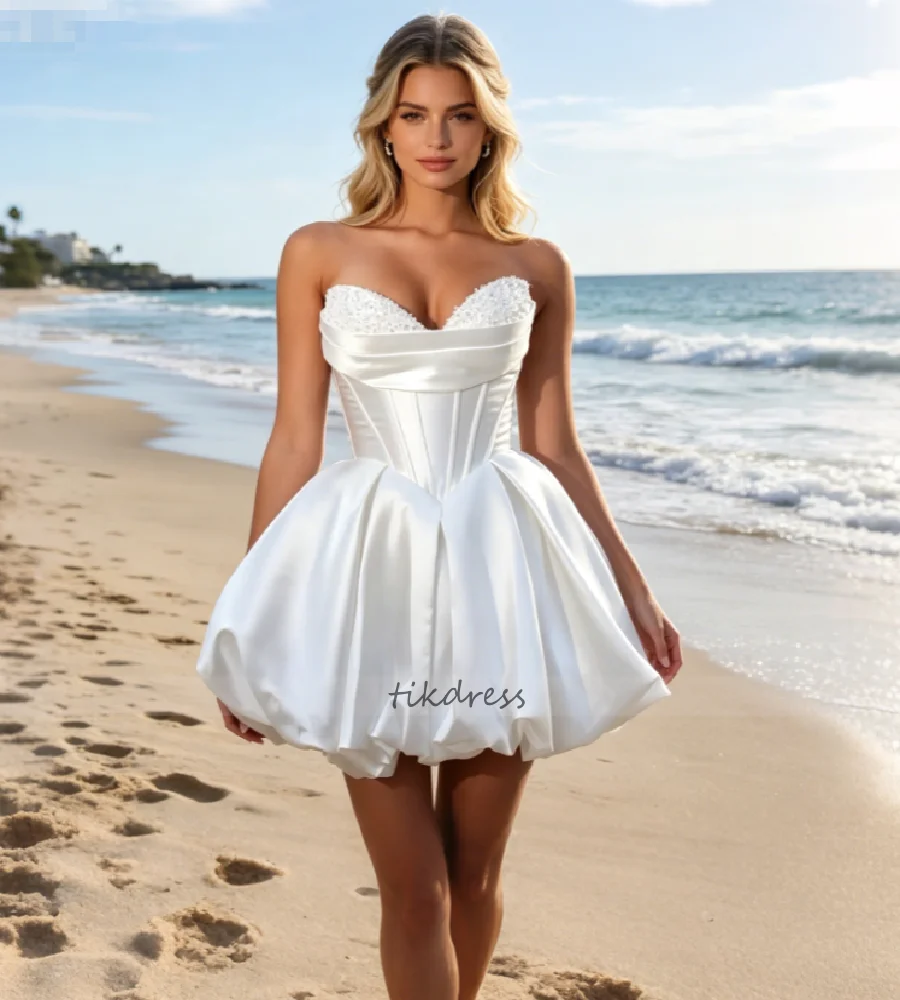 White Satin Bubble Short Wedding Dress 2026 Sweetheart Mini Boho Beach Bridal Gowns Elopement Destination Bohemian Civil Bodas