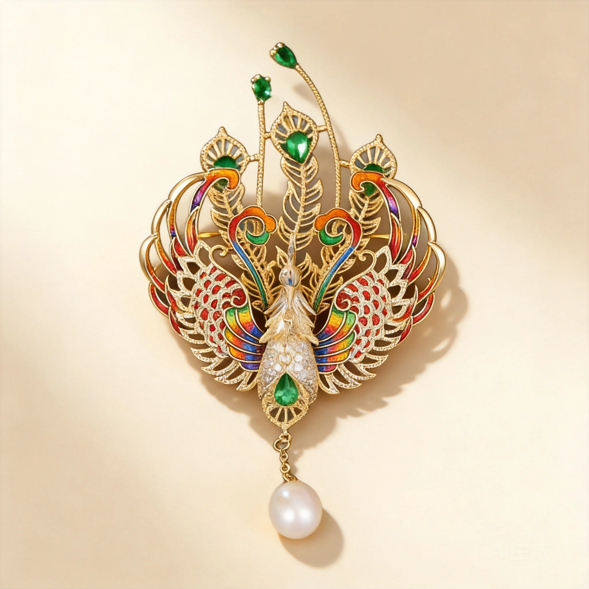 

Auspicious Chinese Phoenix Brooch Colorful Enamel Inlaid Green Zircon Pearl Pendant Gold Plated Elegant Cheongsam Banquet Dress