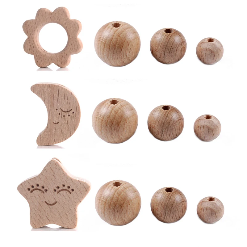 

35 шт., набор деревянных бусин для прорезывания зубов, буковый цветок, луна, звезда, сделай сам, цепочка для соски, браслет для прорезывания зубов, аксессуары, подарок Монтессори для новорожденного