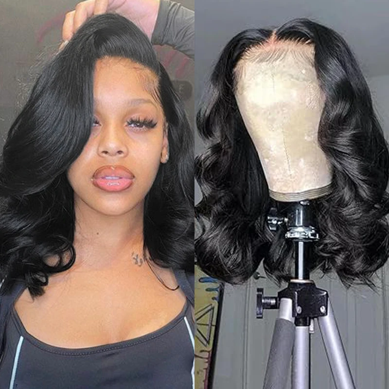 Onda do corpo curto bob peruca 180 densidade 13x4 frente do laço peruca de cabelo humano 16 Polegada 100% cabelo remy brasileiro pré arrancado com cabelo do bebê