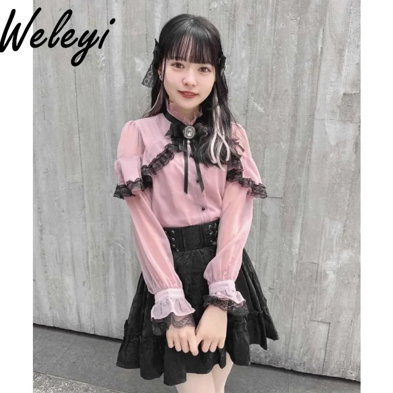 

Kawaii Fashion Rojita Tops Shirt Women's Spring Sweet Versatile V Neck Flared Long Sleeved Loose Ruffled Lolita Koszule I Bluzki