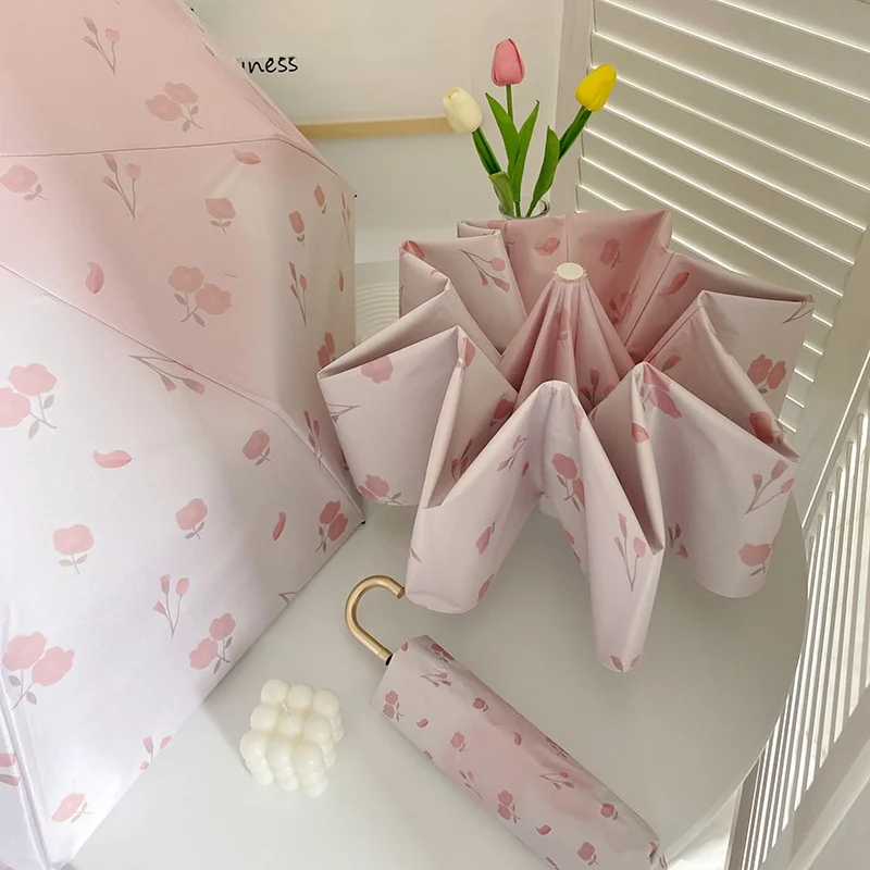 

Автоматический зонт для женщин с цветочным узором, защита от УФ-лучей, водонепроницаемый, складной, розовый, милый, для девочек, для домашнего использования