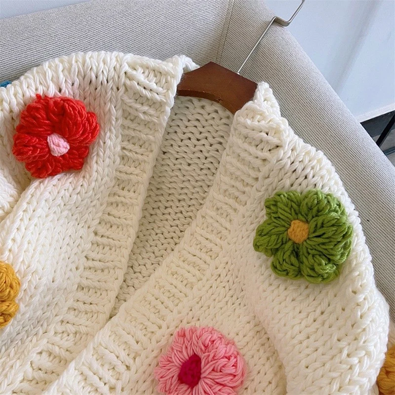 3D Flowers Women Cardigan Sweater Knitted Coats Sweet Cute Crop Junmper Loose Spring White Female Jacket New