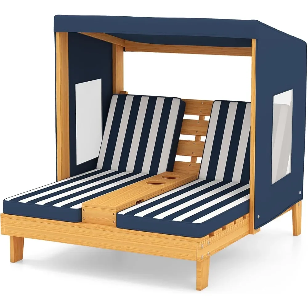 

Kids Double Chaise Lounge Outdoor, 2-Seat Patio Lounge Chair with Cup Holders & Cushions, Kids Pool Lounger with Canopy,