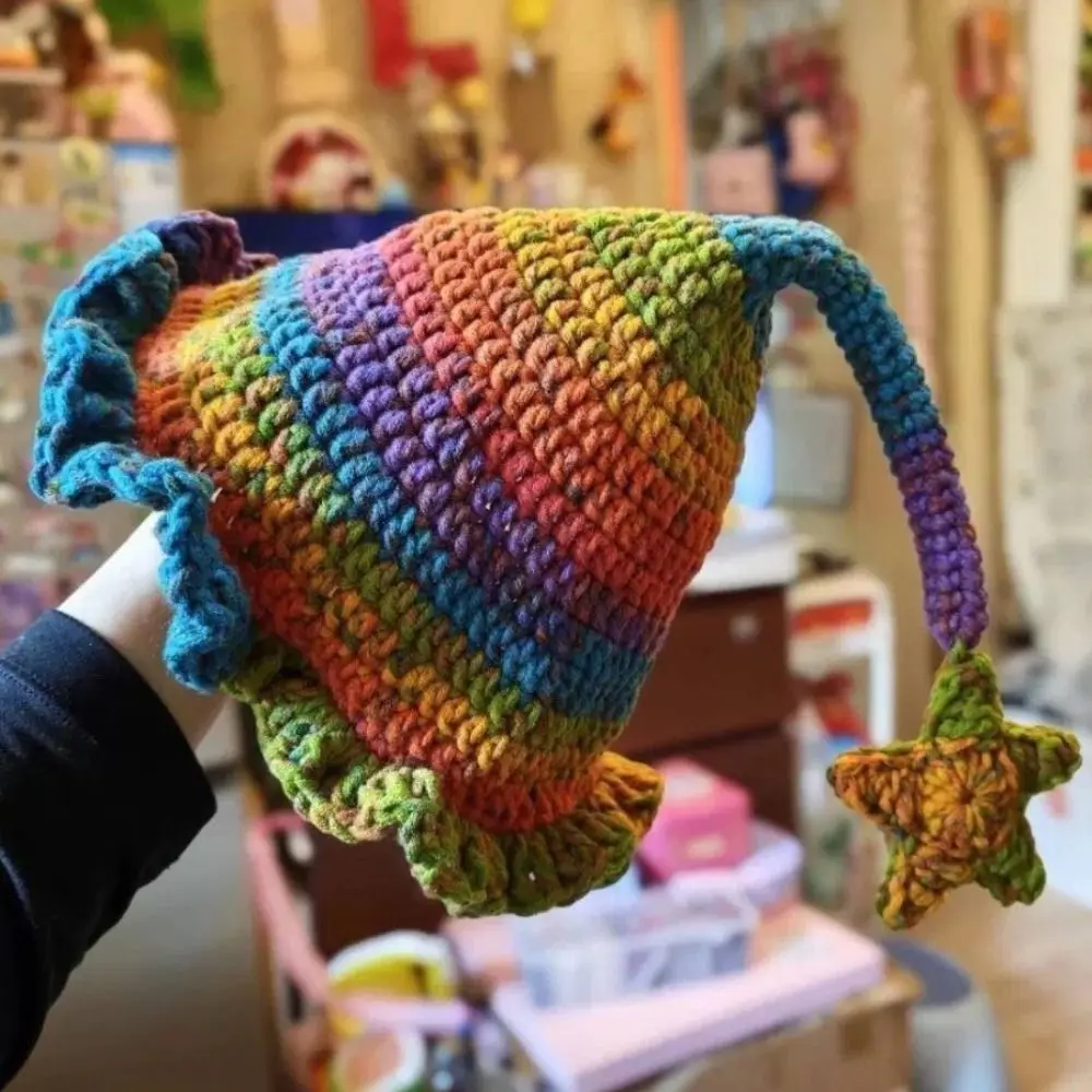 Cute Hand-Crocheted Knitted Elf Hat Star Design Colorful Wizard Hat Warm Witch Cap for Adult and Children
