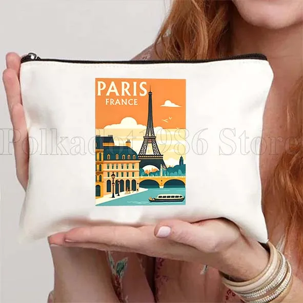 แฟชั่น ปารีส ฝรั่งเศส หอไอเฟล ทิวทัศน์ ของขวัญน่ารัก กระเป๋าผ้าแคนวาส กระเป๋าใส่เครื่องสำอาง กระเป๋าใส่ลิปสติก กระเป๋าเครื่องสำอางผ้าฝ้าย กระเป๋าใส่ของ กระเป๋าสตางค์ พกพาสะดวก