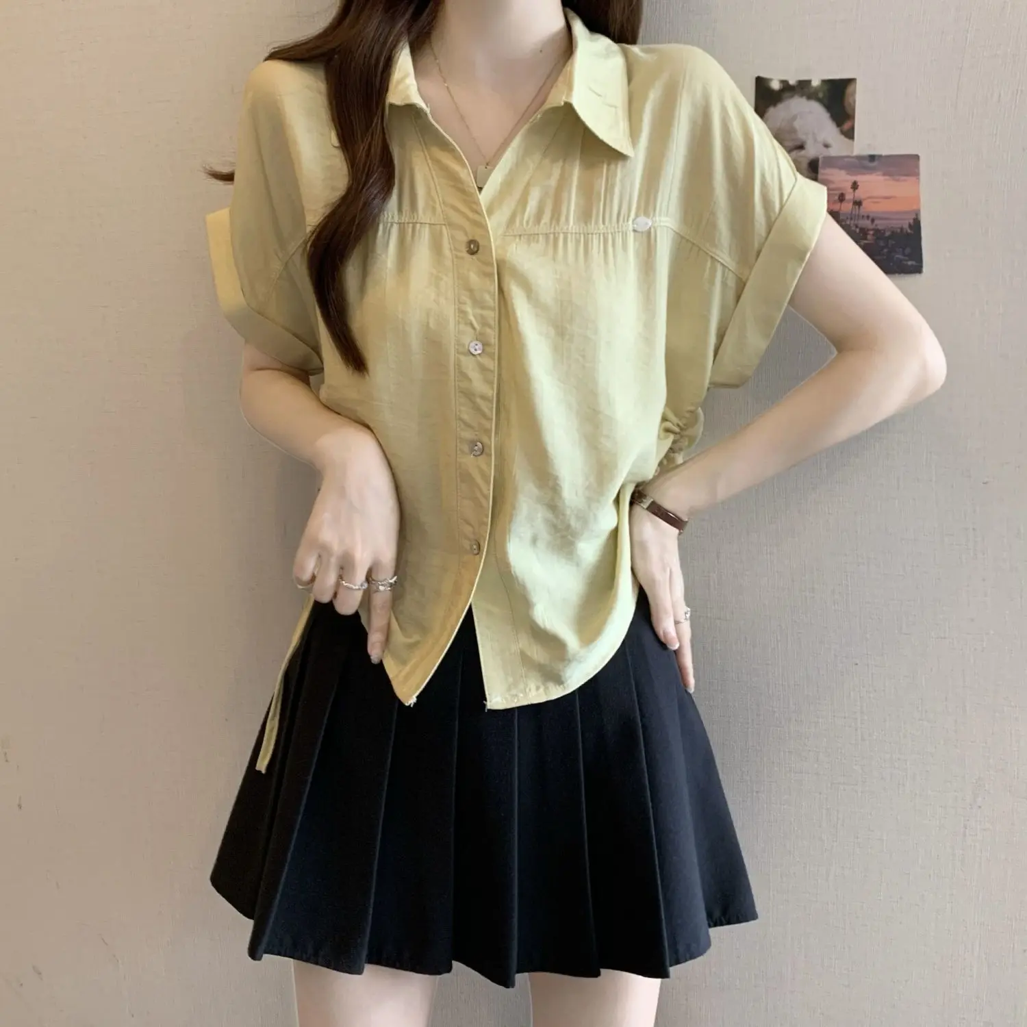 

Рубашка с эффектом похудения и воротником, короткий рукав, женская свободная блузка с завязками, повседневный топ в корейском стиле, модная одежда для работы