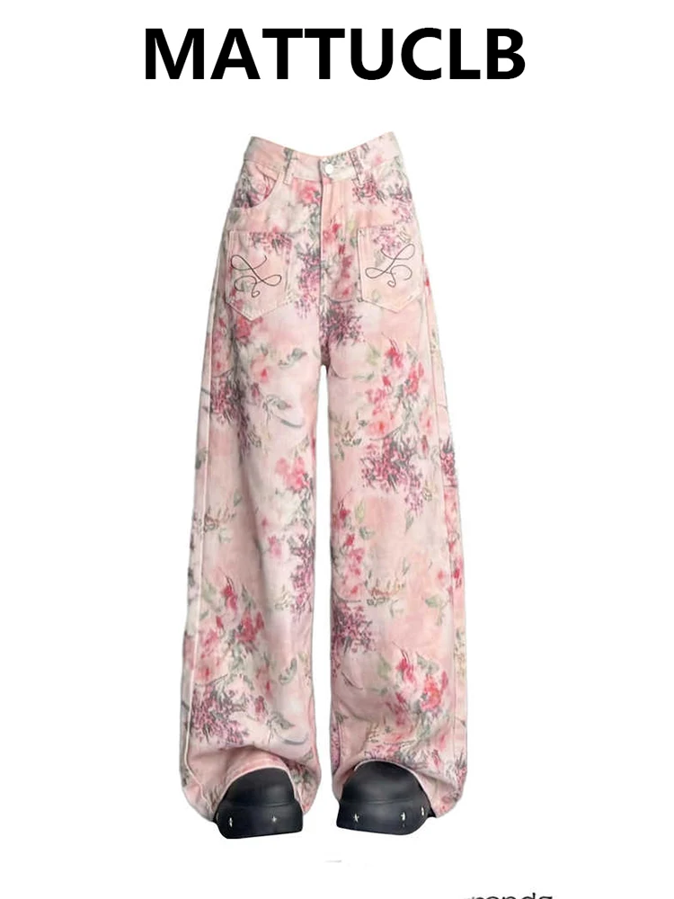 

Женские мешковатые джинсы в американском стиле ретро с цветочным узором High Street Aesthetic Y2k, японские джинсовые брюки 2000-х годов, ковбойские длинные брюки Tide