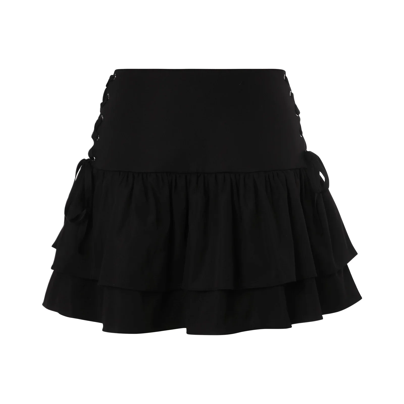 Women's Y2k Summer Fashion Kawaii Ruffle Mini Skirt High Waist Aesthetic Solid Color Cross Lace A-Line Skirt Street Wear