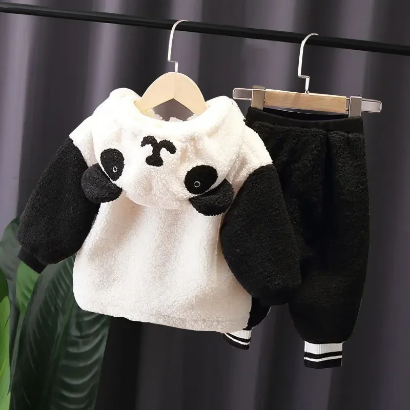 Winter Warm Children Cartoon Panda Clothes Suit Boys Girls Kids Thicken Hooded Pants 2Pcs/sets Infants Clothing Kids Sportswear