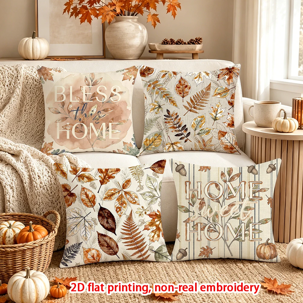 4PCS Fall Decor Throw Pillow Covers, Rustic Farmhouse Autumn Maple Leaf Pumpkin Cushion Cases for Sofa Couch Bed