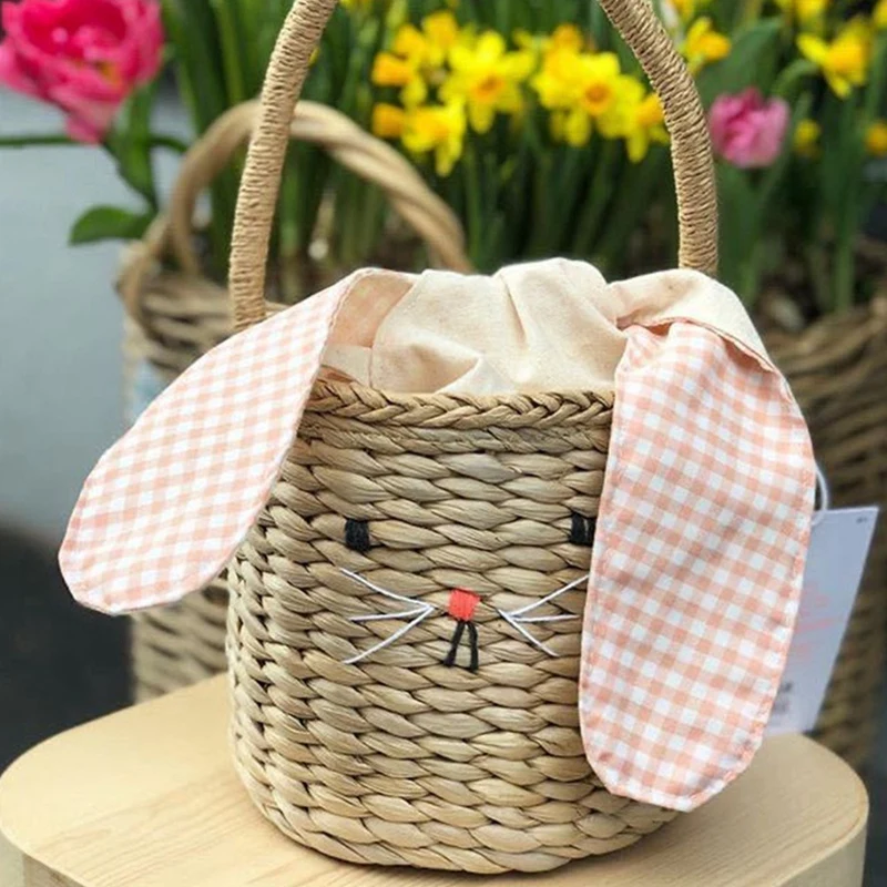 2X Rattan Bucket Bag For Children's&Adults,Beach Straw Bag,Shoulder Messenger Basket Bag,Handbag With Bunny Ears