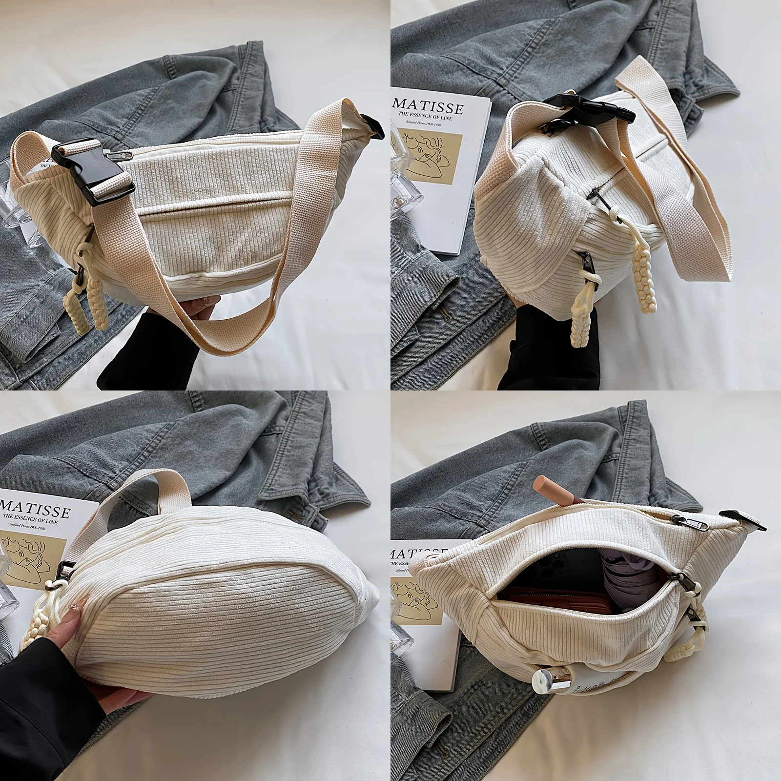 Sac de taille en velours côtelé vintage parfait pour femme, sac à bandoulière réglable avec plusieurs poches zippées pour un usage quotidien, les voyages et l'école