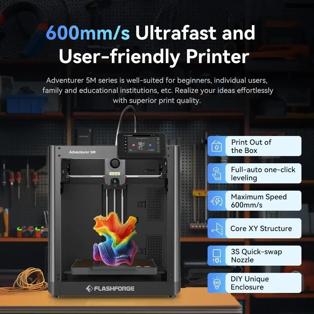 Adventurer 5M 3D Printer with Fully Auto Leveling System, Max 600mm/s High-Speed, 280℃ Quick-Detach Nozzle, CoreXY Structure