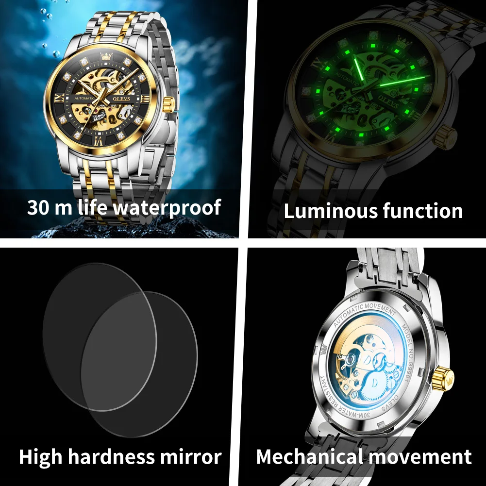 OLEVS 9901 Men's Watch Luxury Automatic Mechanical Watch For Men Stainelss Steel Waterproof Diamond Scale Hollow Man Hand Clock