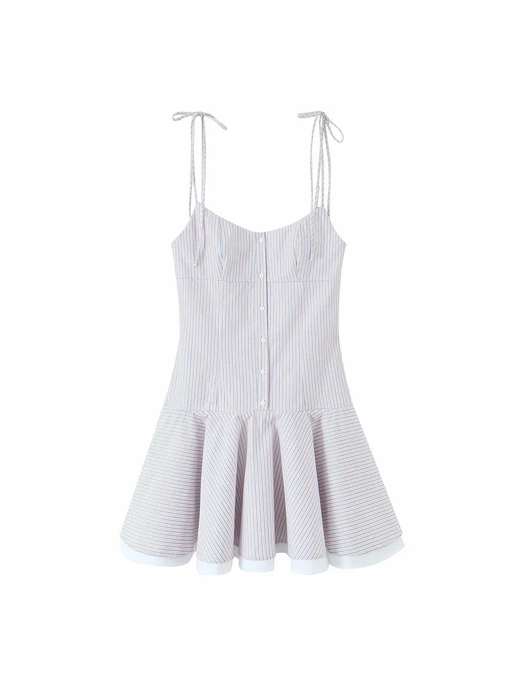 

SIYANG Women Fashion Striped Pleated Backless Zipper Mini Dress Vintage Thin Straps Square Collar Female Chic Lady Dresses