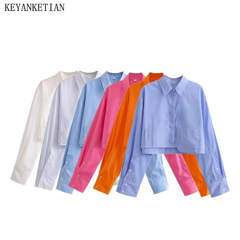 

KEYANKETIAN 2024 New Launch Women Oversize Short Shirt High Street Patch Pockets Decoration Asymmetrical Loose Crop Top Blouses