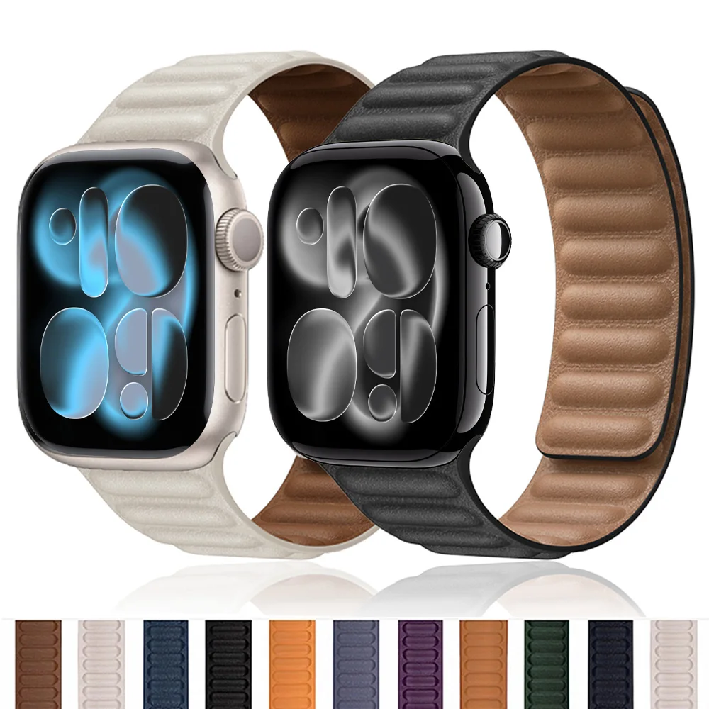 

Leather Strap for Apple Watch Band 49mm 46mm 42mm 41mm 44mm Original Magnetic Loop Link Bracelet iWatch 10 11 9 8 7 SE Ultra2 3