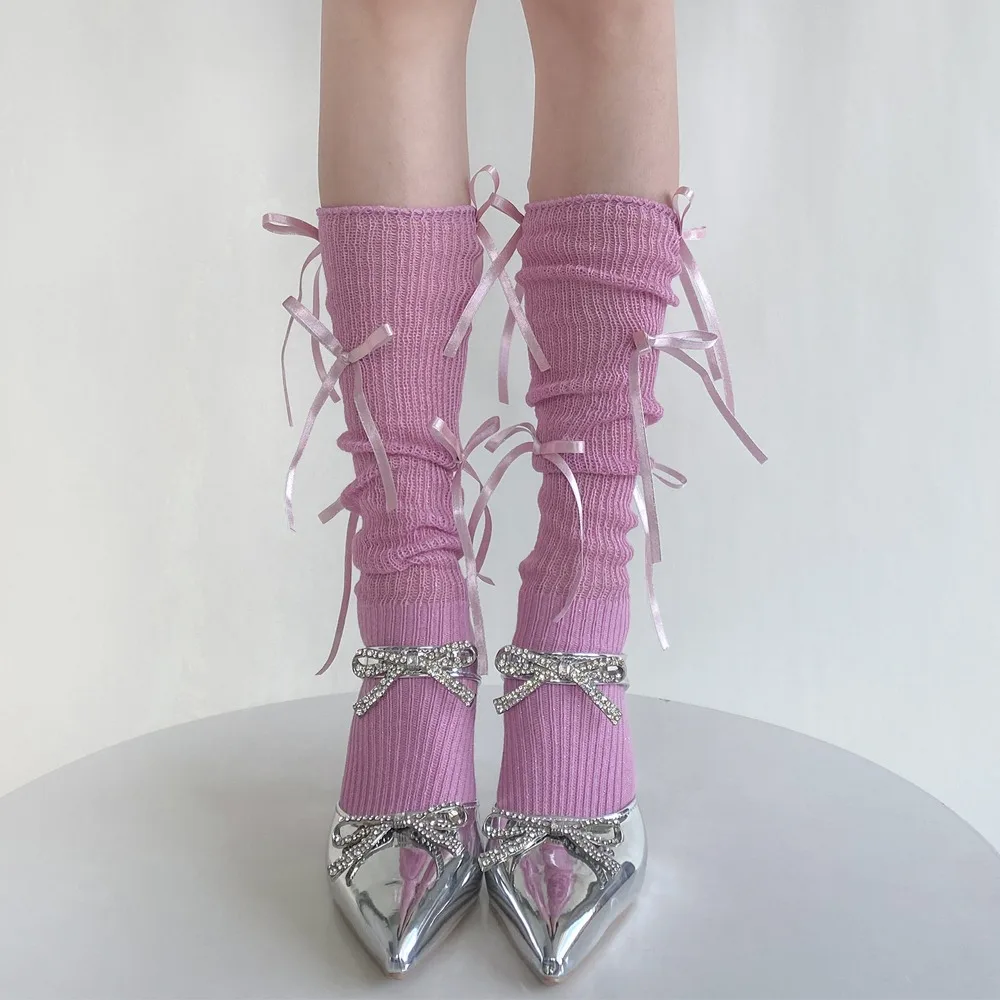 

Сплошные цветные чулки в стиле Лолиты, хлопковые эластичные носки до середины икры с бантом, украшения с несколькими бантами, высокие женские носки в стиле Лолиты, модные